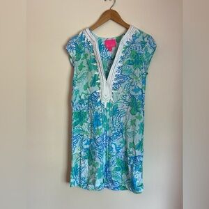 Lilly Pulitzer Madia Blue Green Tunic Shift Dress Small Crochet Neckline Resort